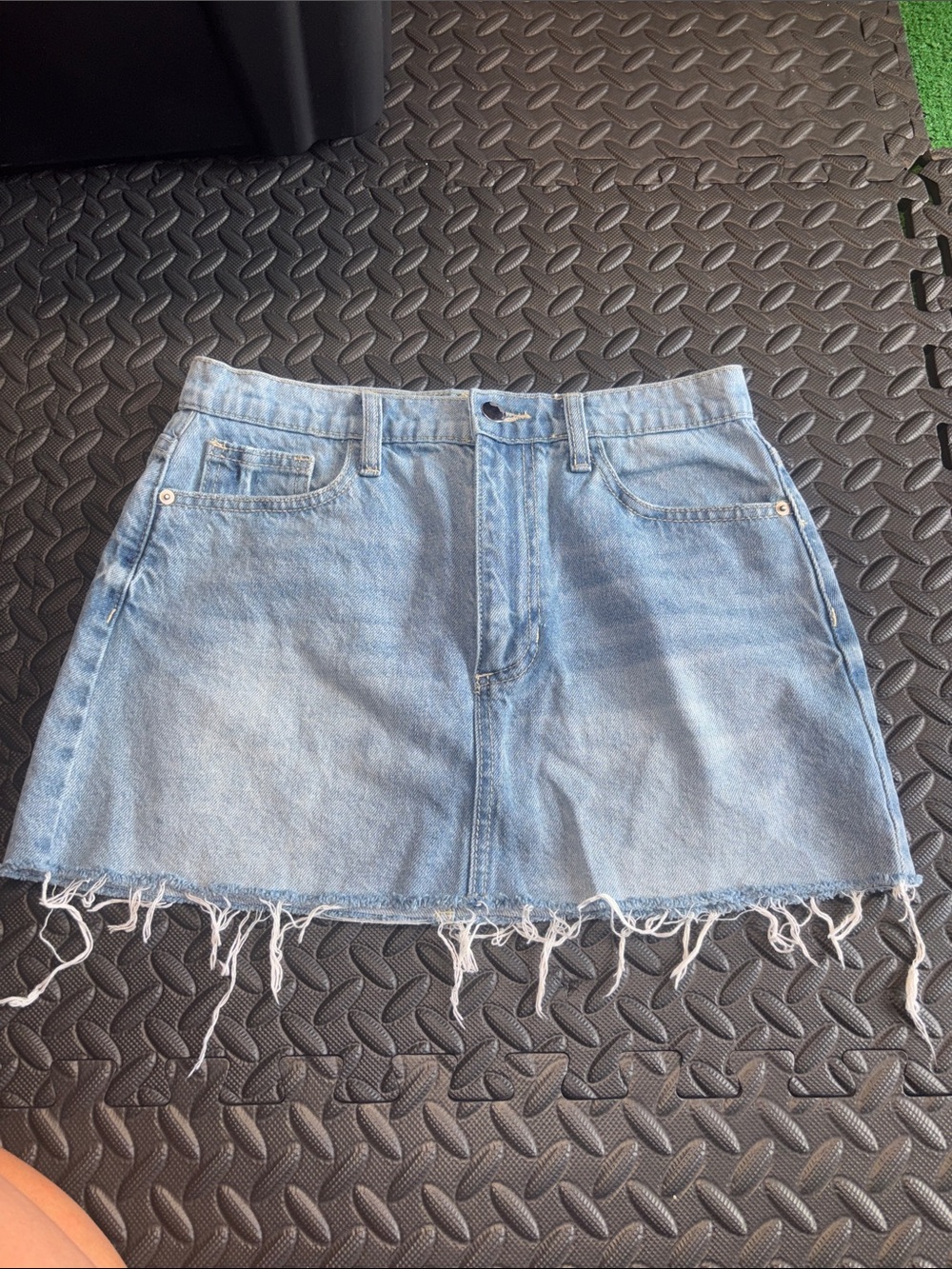Altar’d State Light Blue Denim Mini Skirt with Frayed Hem
